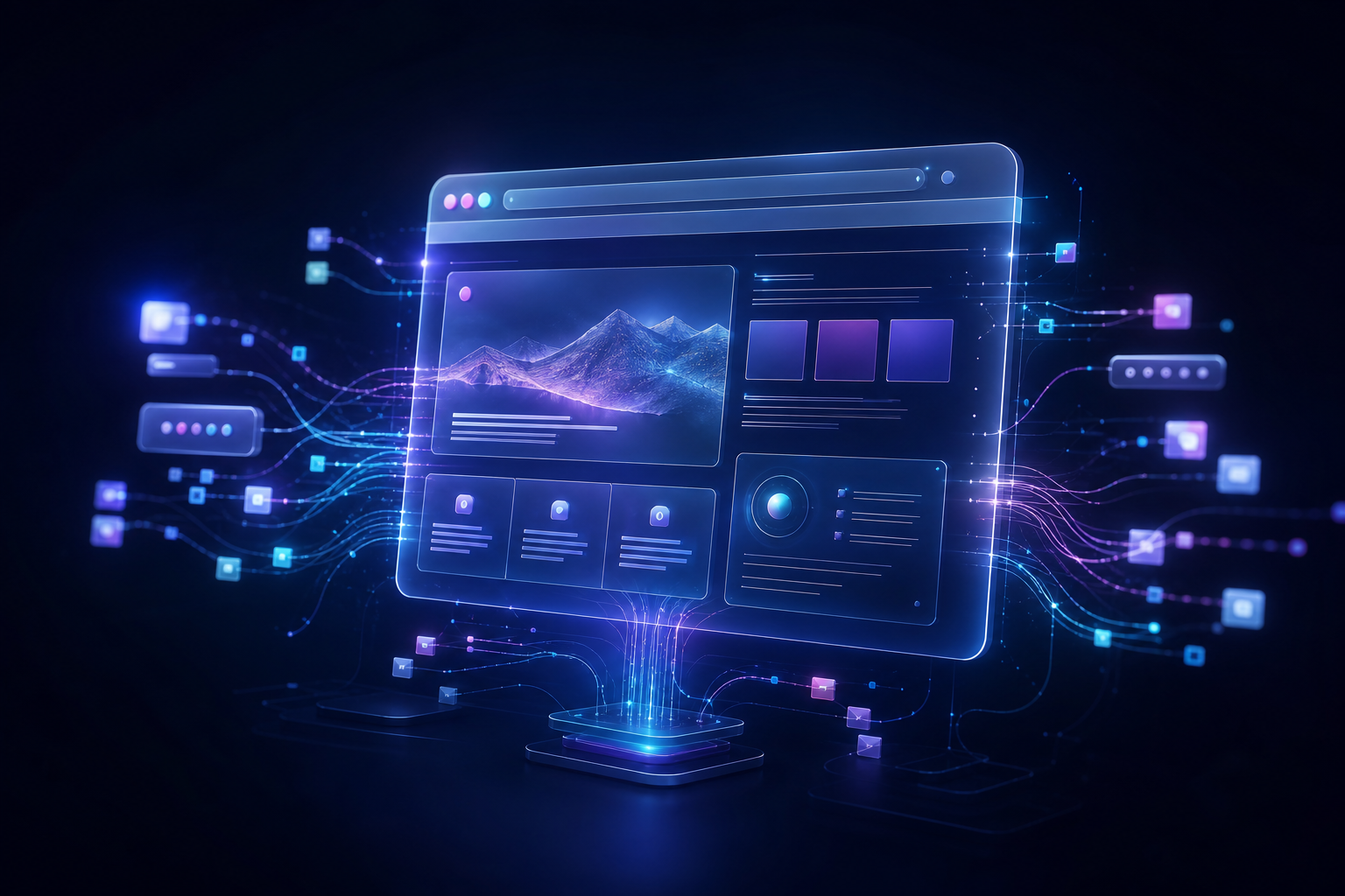 Futuristic website interface connected to intelligent data and automation pathways