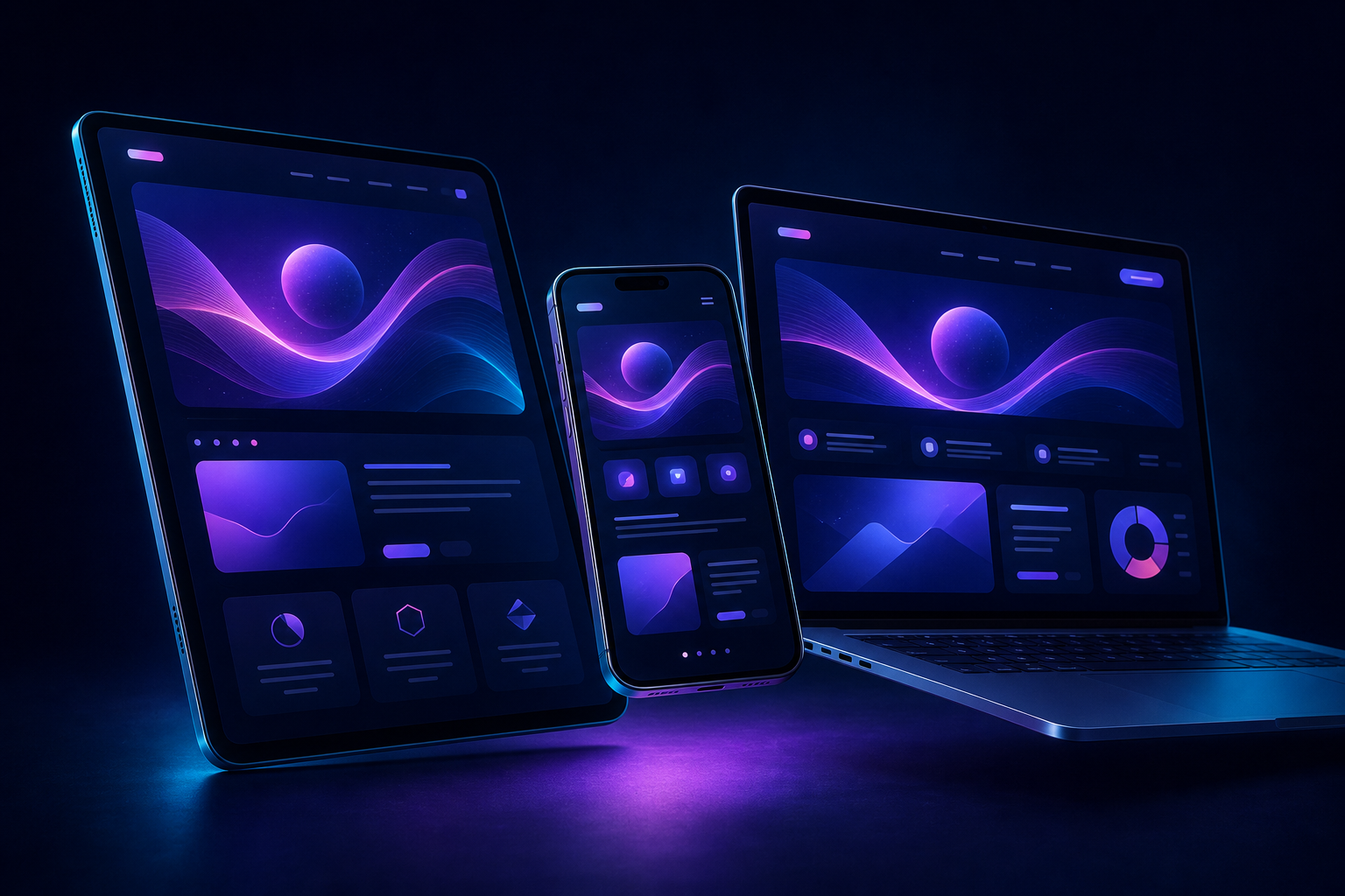 Responsive website design shown across laptop, tablet and mobile